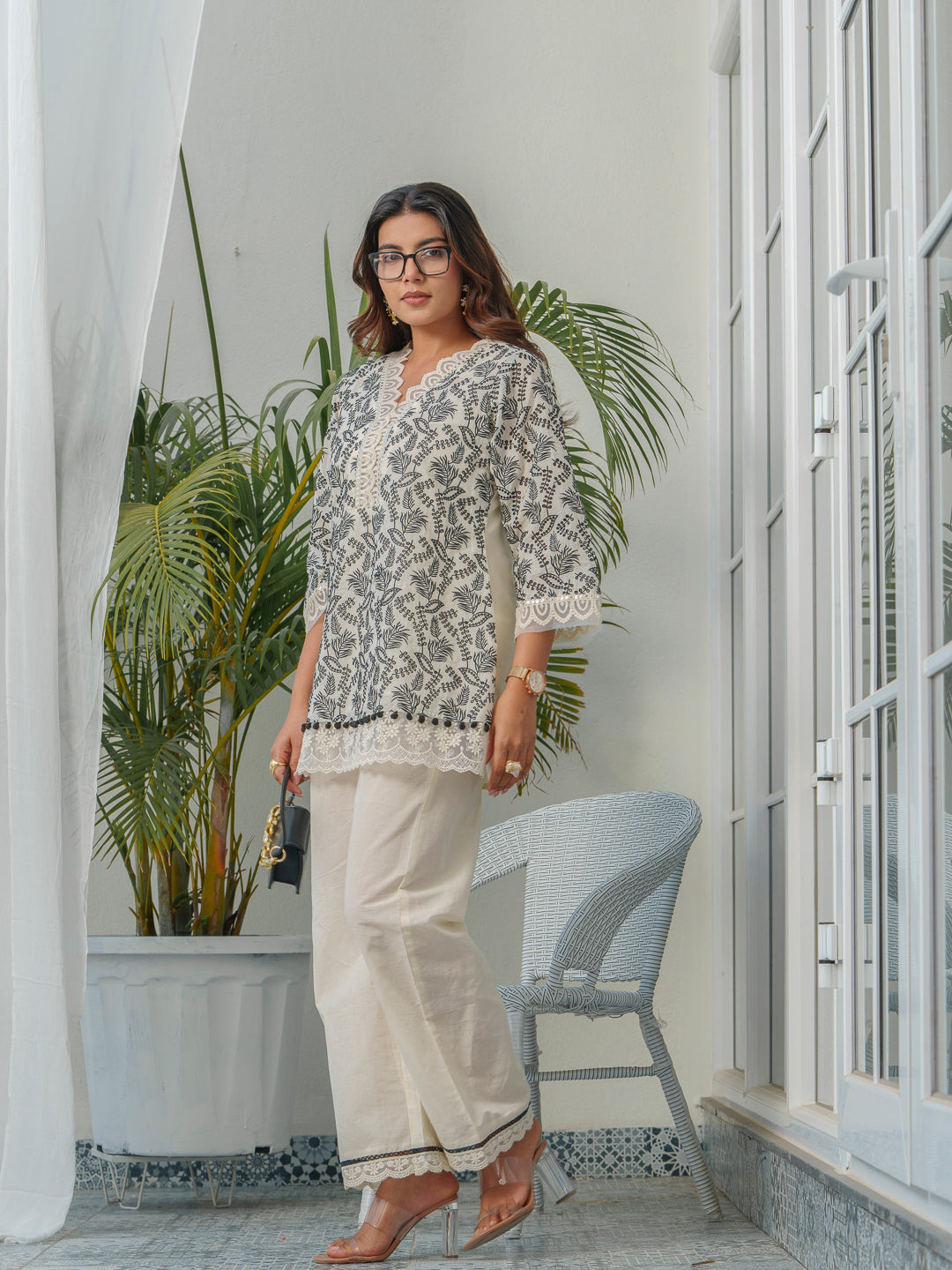 Embroidered V-Neck Pure Cotton Tunic & Trouser