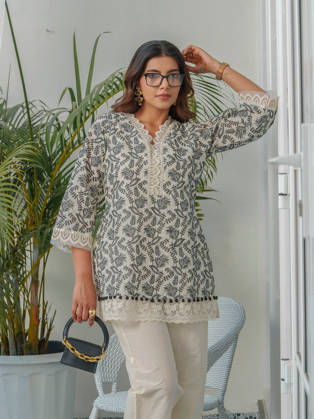 Embroidered V-Neck Pure Cotton Tunic & Trouser