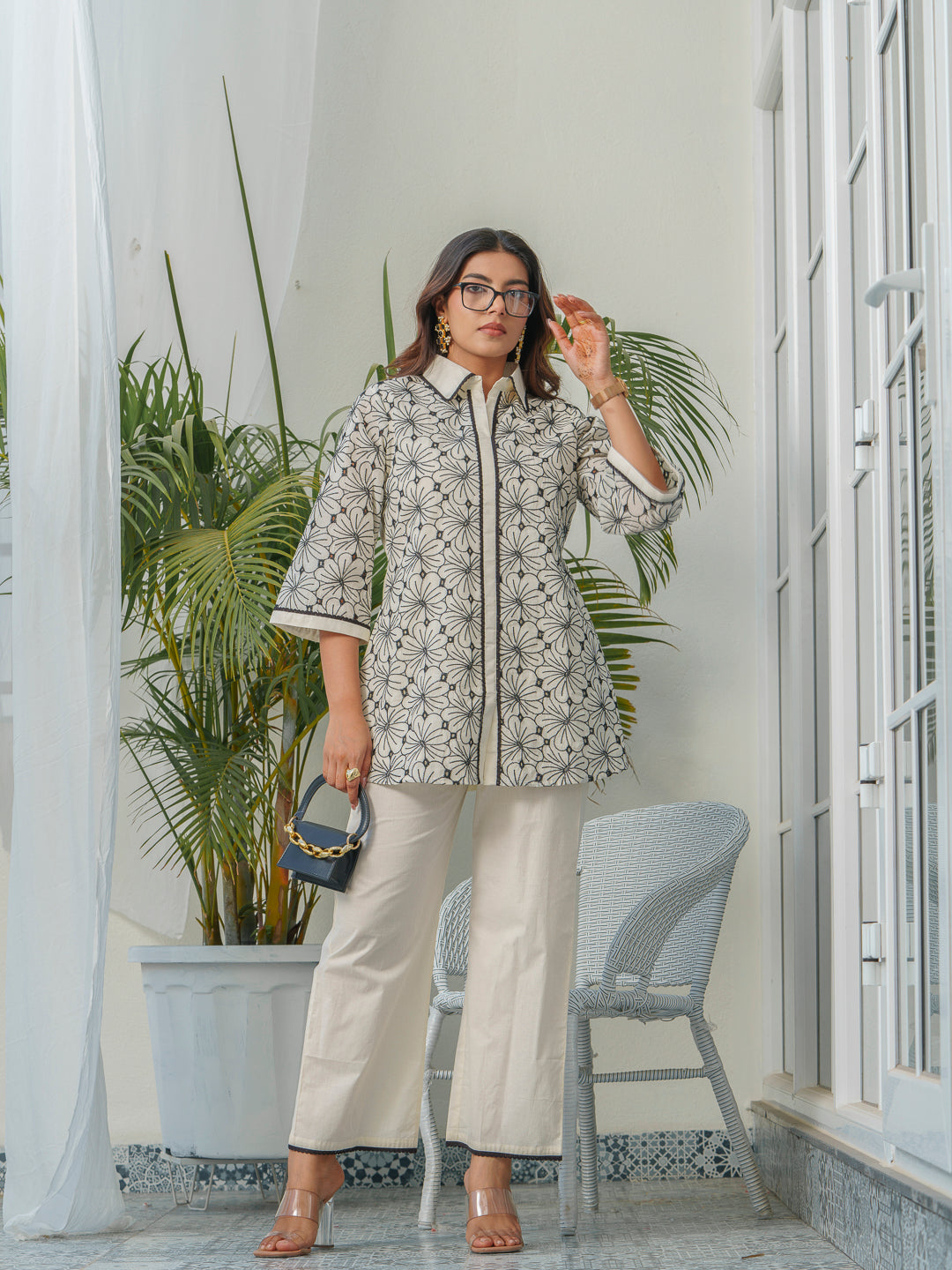 Floral Embroidered Shirt Collar Pure Cotton Tunic & Trouser
