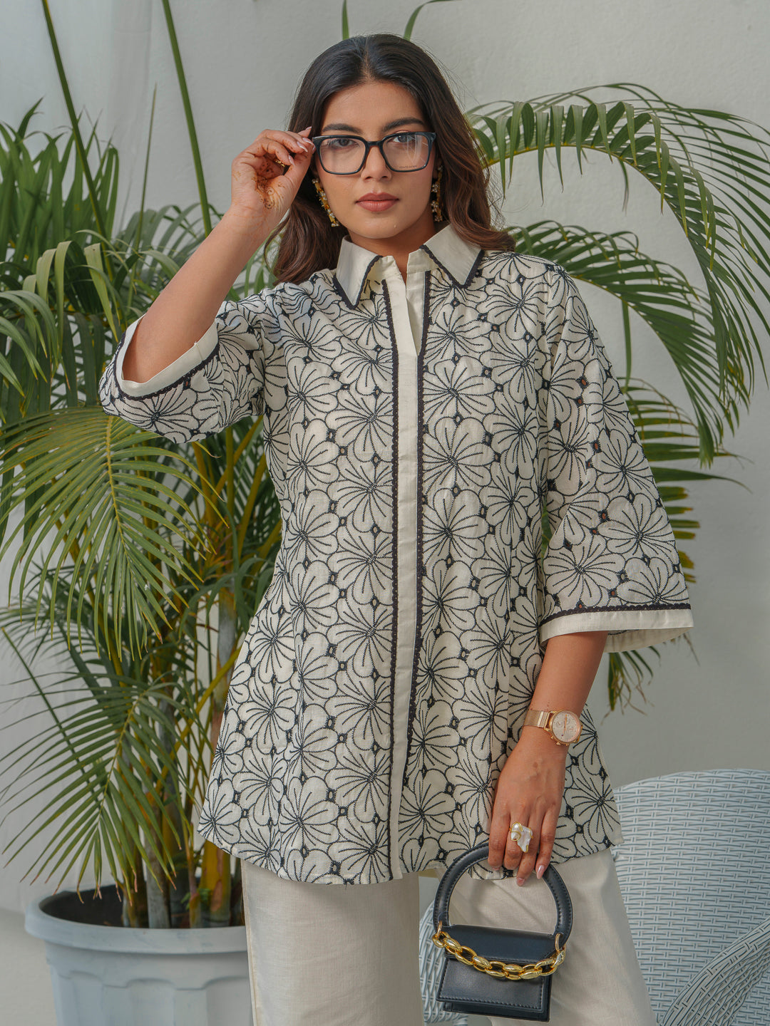 Floral Embroidered Shirt Collar Pure Cotton Tunic & Trouser