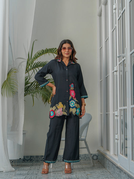 Floral Embroidered Shirt Collar Roman Silk Shirt & Trousers