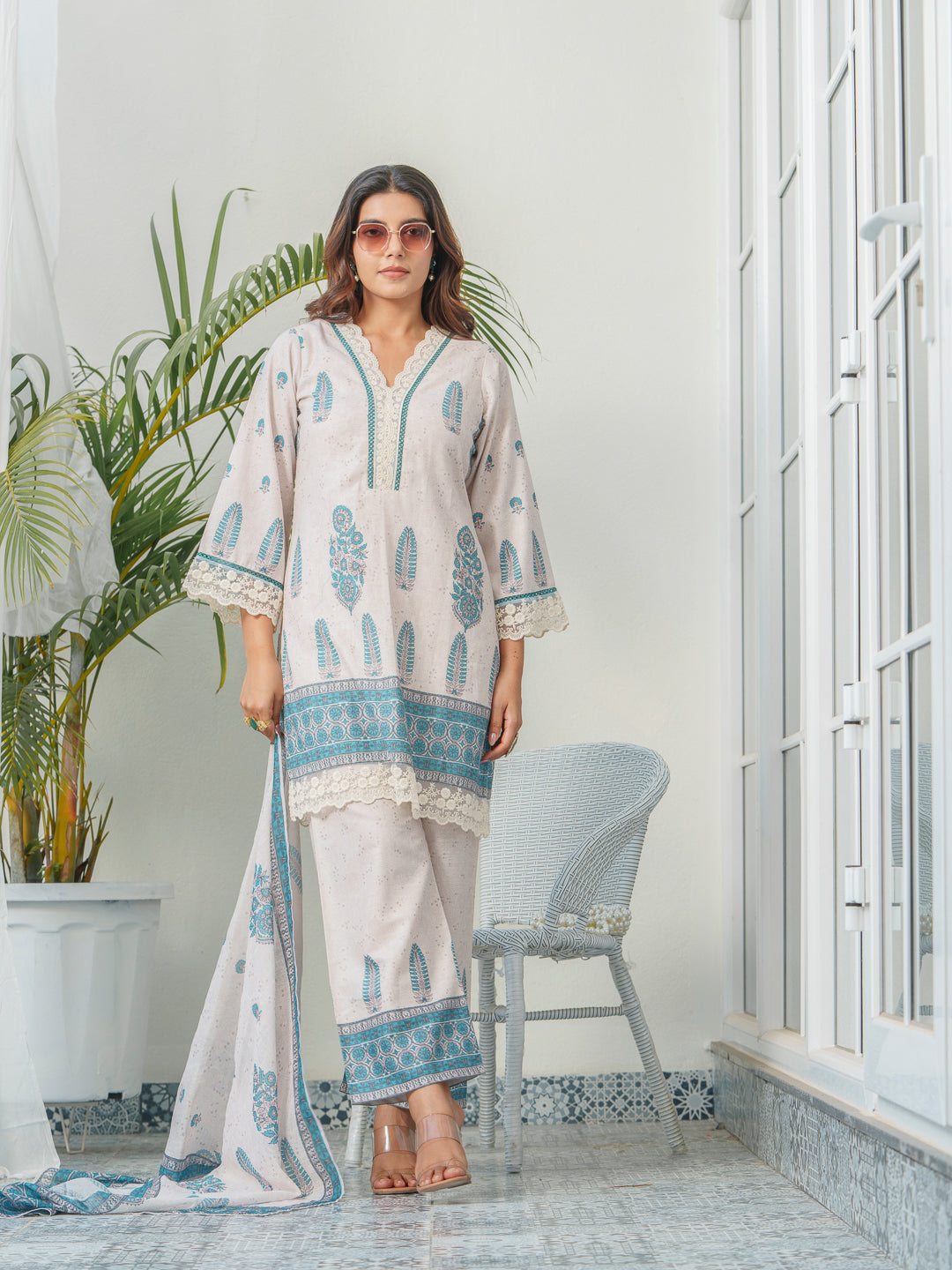 Ethnic Motif Printed & Embroidered Cotton Kurta & Trousers With Dupatta