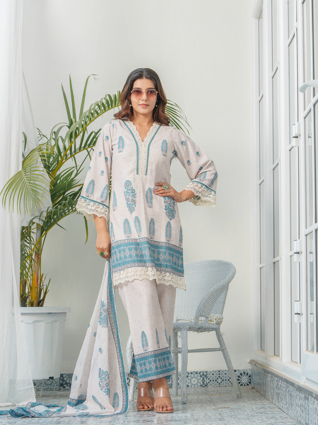 Ethnic Motif Printed & Embroidered Cotton Kurta & Trousers With Dupatta