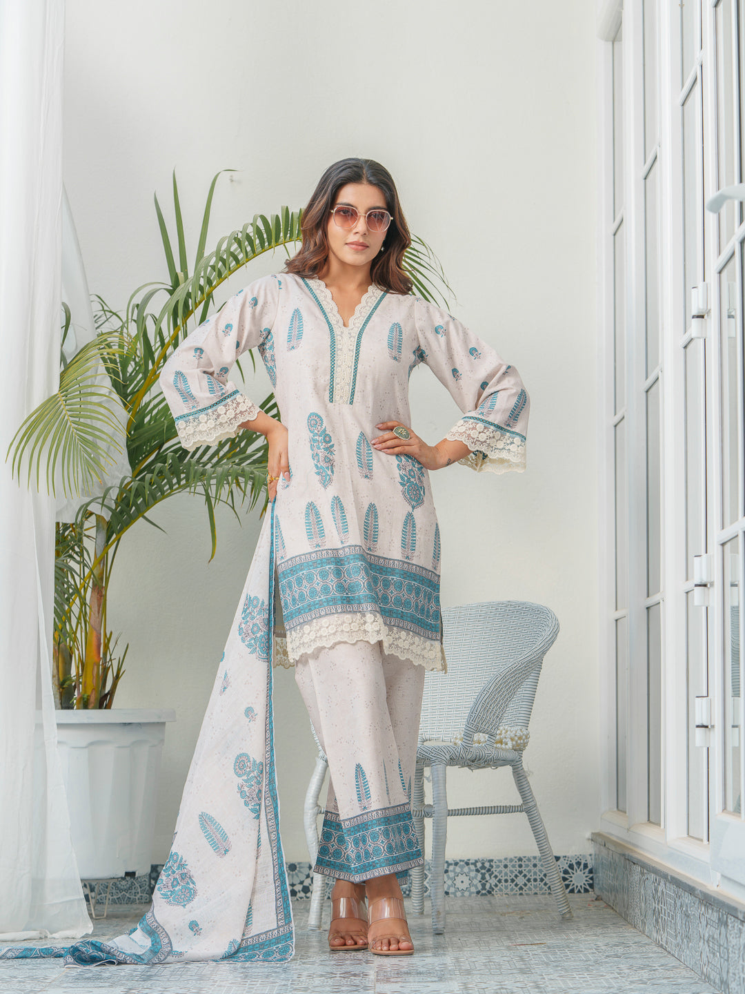 Ethnic Motif Printed & Embroidered Cotton Kurta & Trousers With Dupatta