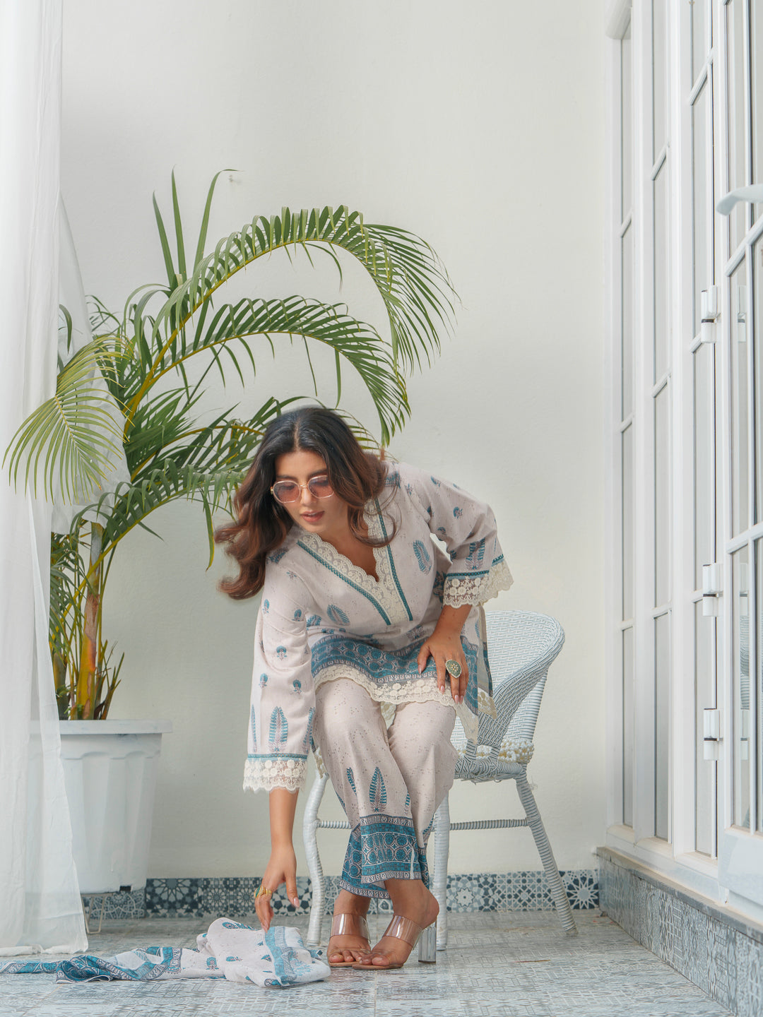 Ethnic Motif Printed & Embroidered Cotton Kurta & Trousers With Dupatta