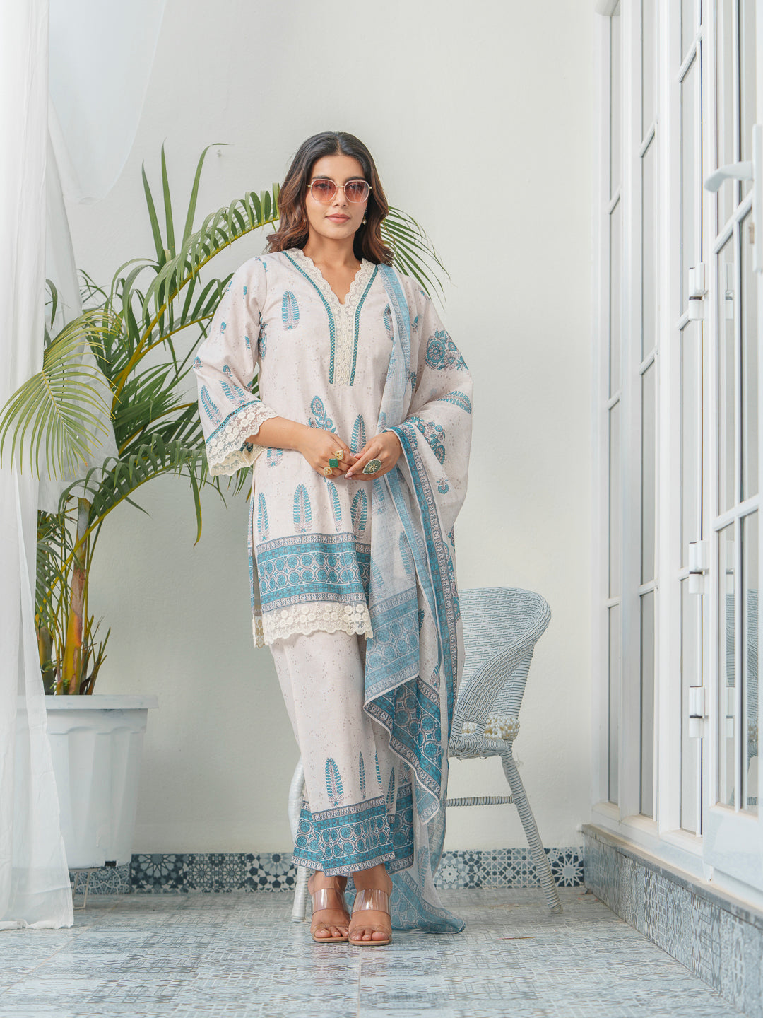 Ethnic Motif Printed & Embroidered Cotton Kurta & Trousers With Dupatta
