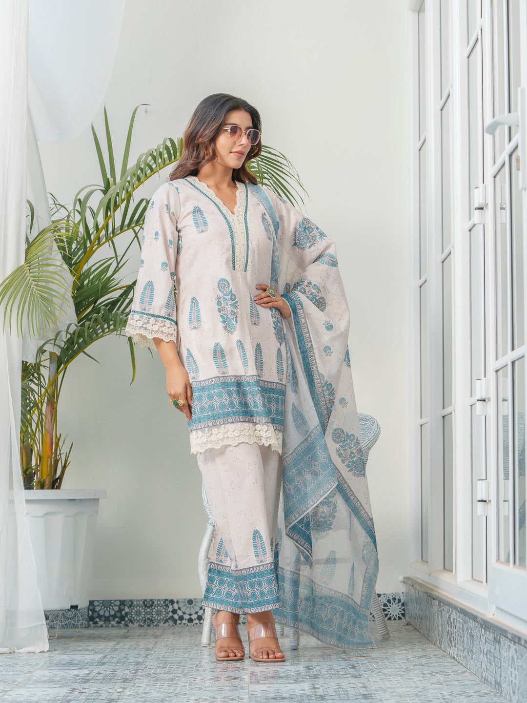 Ethnic Motif Printed & Embroidered Cotton Kurta & Trousers With Dupatta