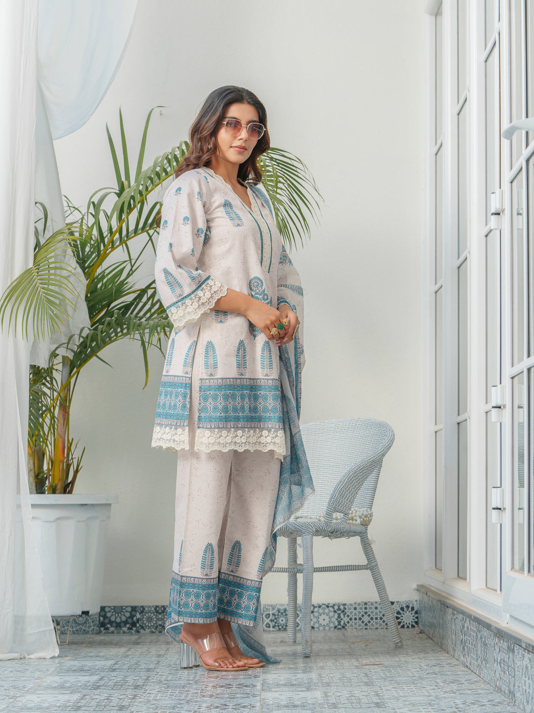 Ethnic Motif Printed & Embroidered Cotton Kurta & Trousers With Dupatta
