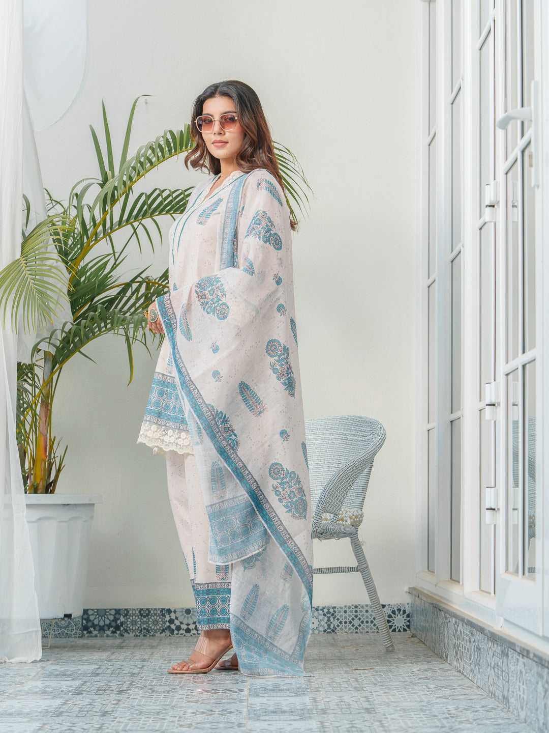 Ethnic Motif Printed & Embroidered Cotton Kurta & Trousers With Dupatta