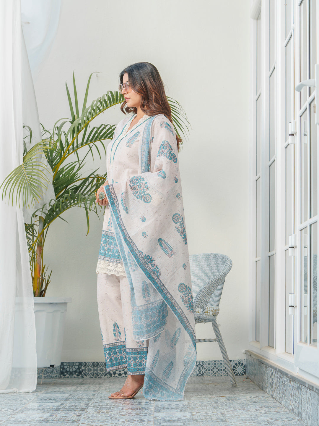 Ethnic Motif Printed & Embroidered Cotton Kurta & Trousers With Dupatta