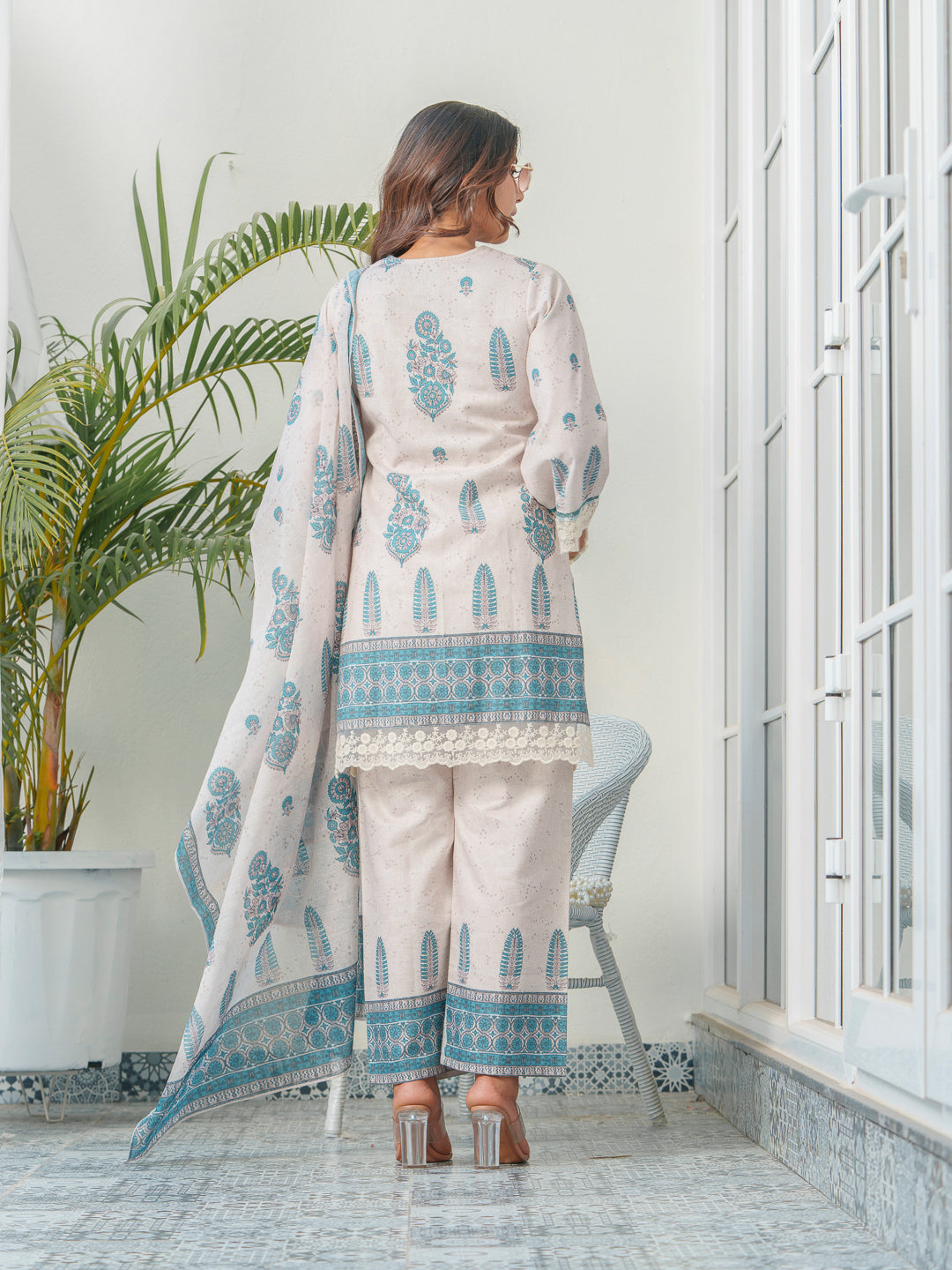 Ethnic Motif Printed & Embroidered Cotton Kurta & Trousers With Dupatta