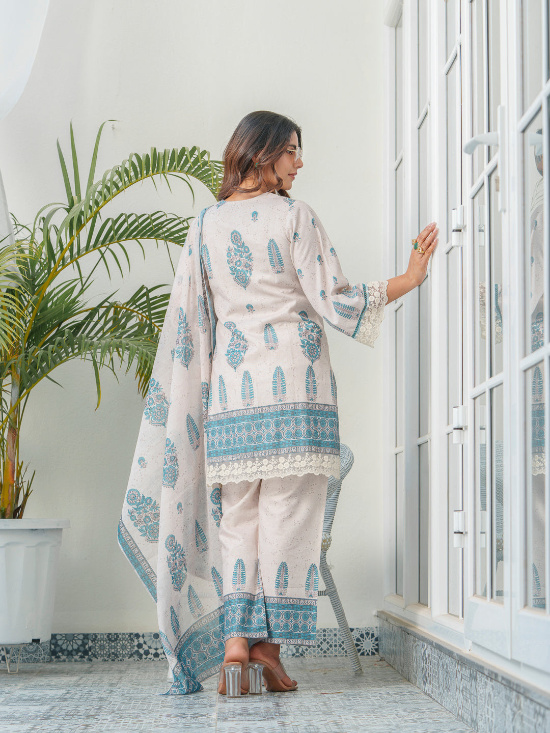 Ethnic Motif Printed & Embroidered Cotton Kurta & Trousers With Dupatta