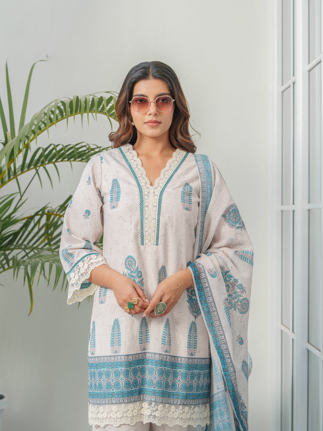 Ethnic Motif Printed & Embroidered Cotton Kurta & Trousers With Dupatta