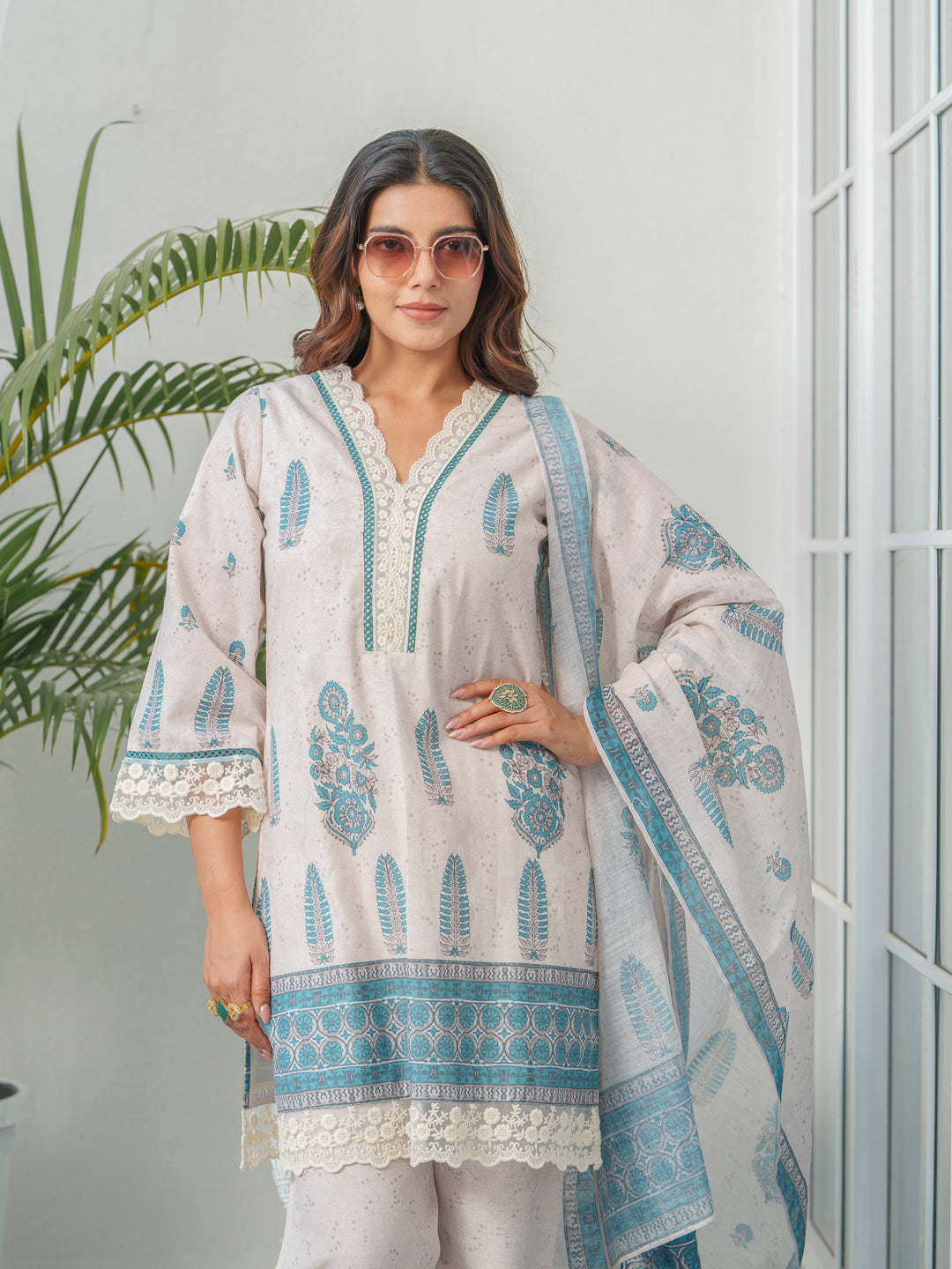 Ethnic Motif Printed & Embroidered Cotton Kurta & Trousers With Dupatta