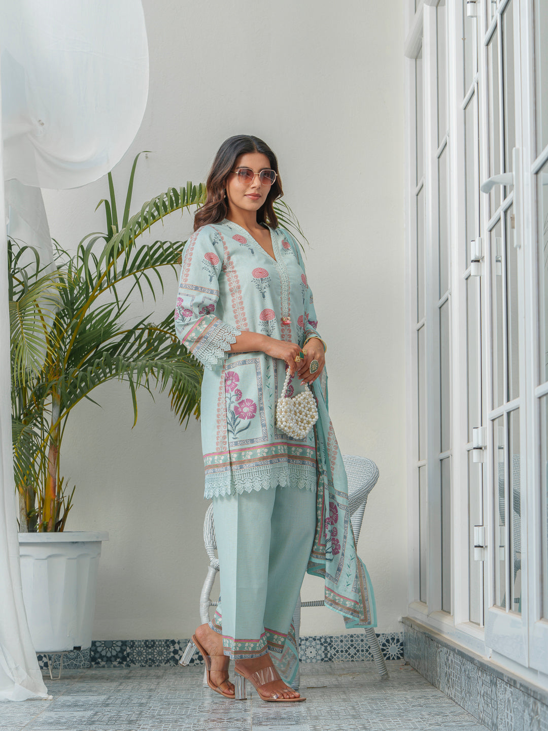 Blue Floral Printed Cotton Kurta & Trousers With Dupatta