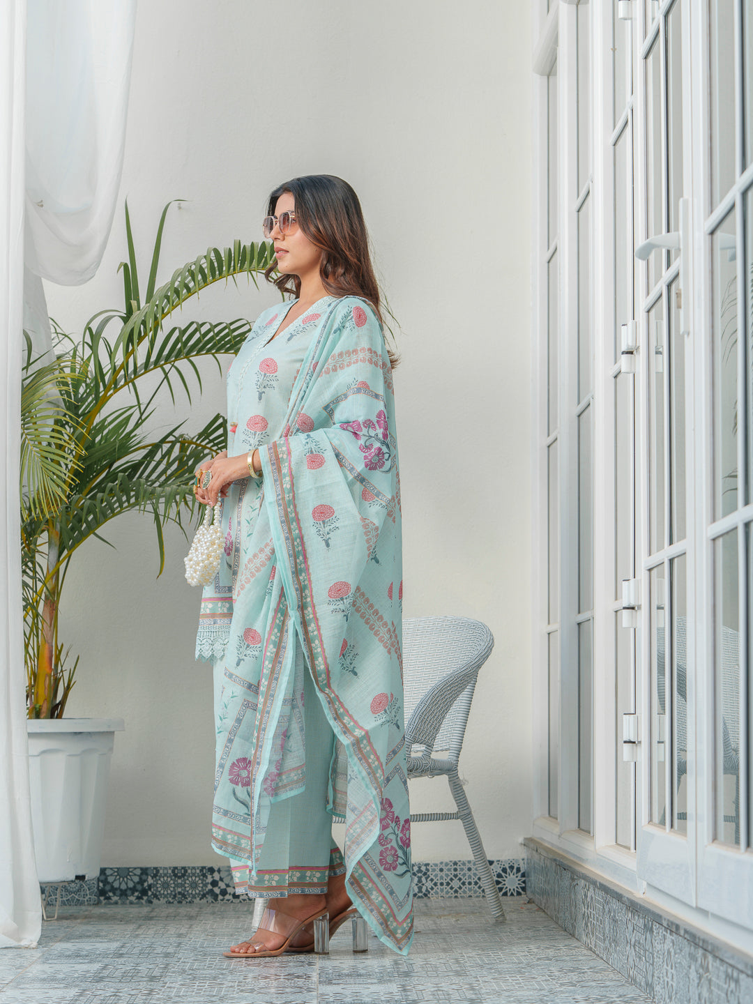 Blue Floral Printed Cotton Kurta & Trousers With Dupatta