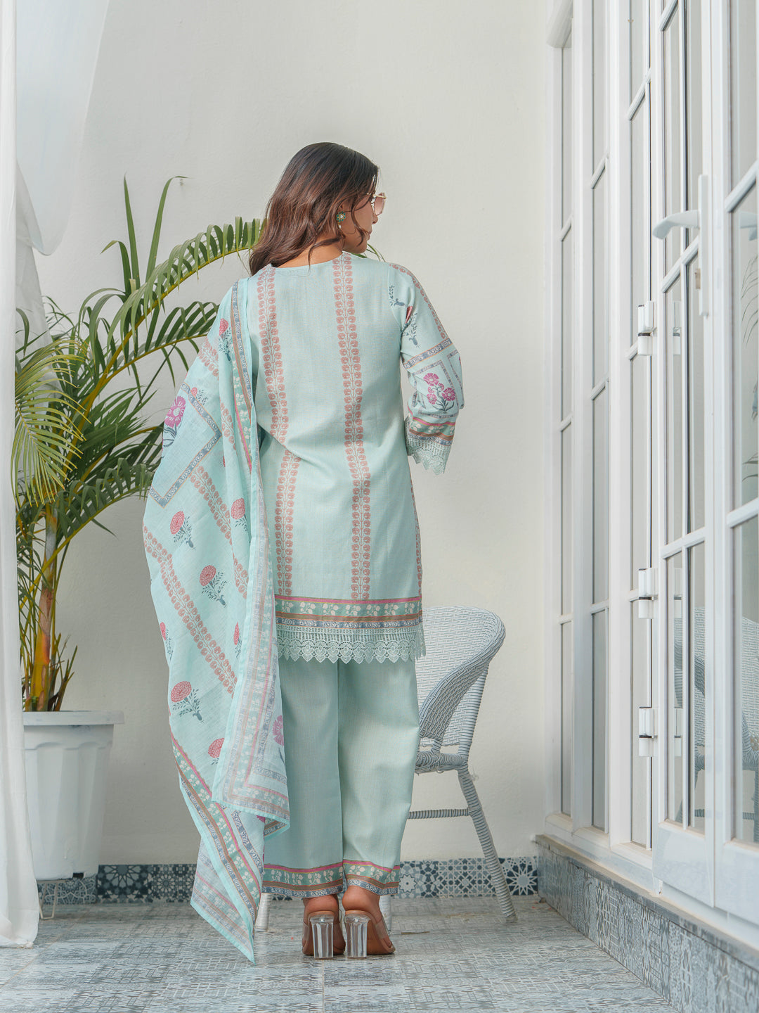 Blue Floral Printed Cotton Kurta & Trousers With Dupatta