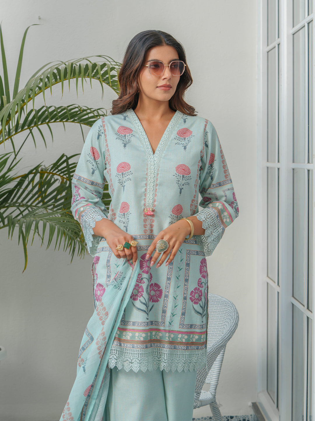 Blue Floral Printed Cotton Kurta & Trousers With Dupatta
