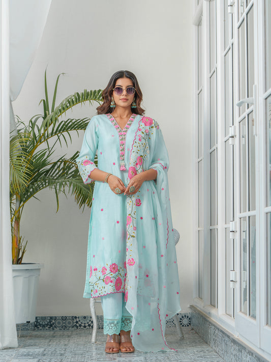 Floral Embroidered Straight Kurta With Trousers And Dupatta