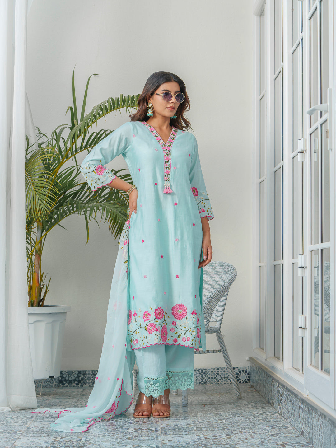 Floral Embroidered Straight Kurta With Trousers And Dupatta