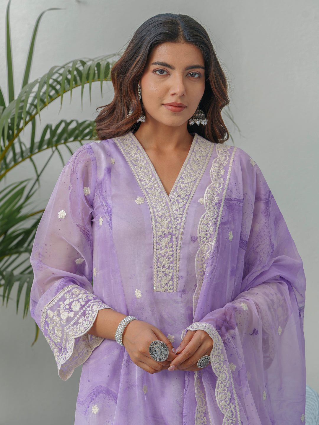 Floral Embroidered Straight Kurta & Trousers With Dupatta