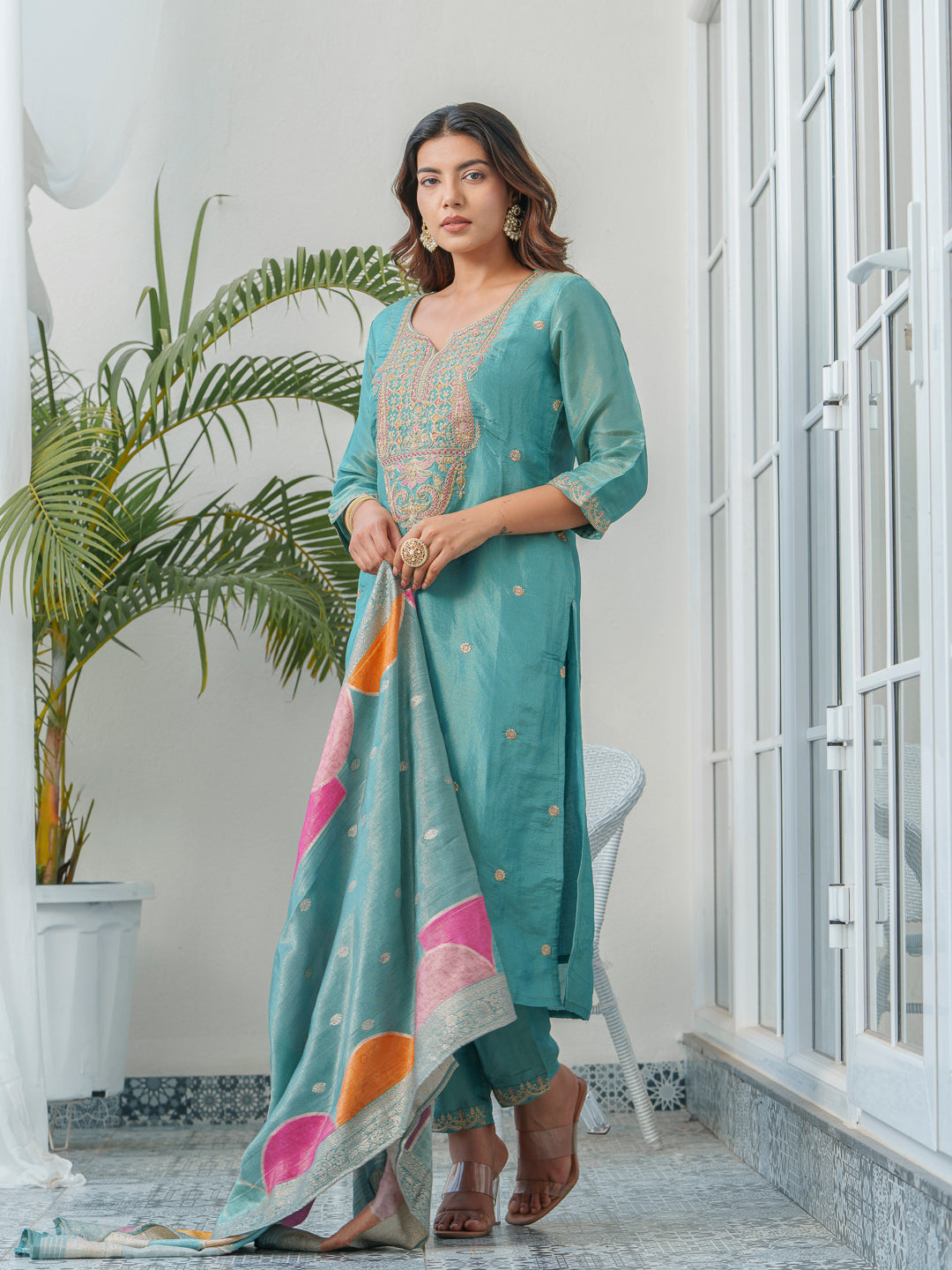 Embroidered Kurta & Trousers With Dupatta