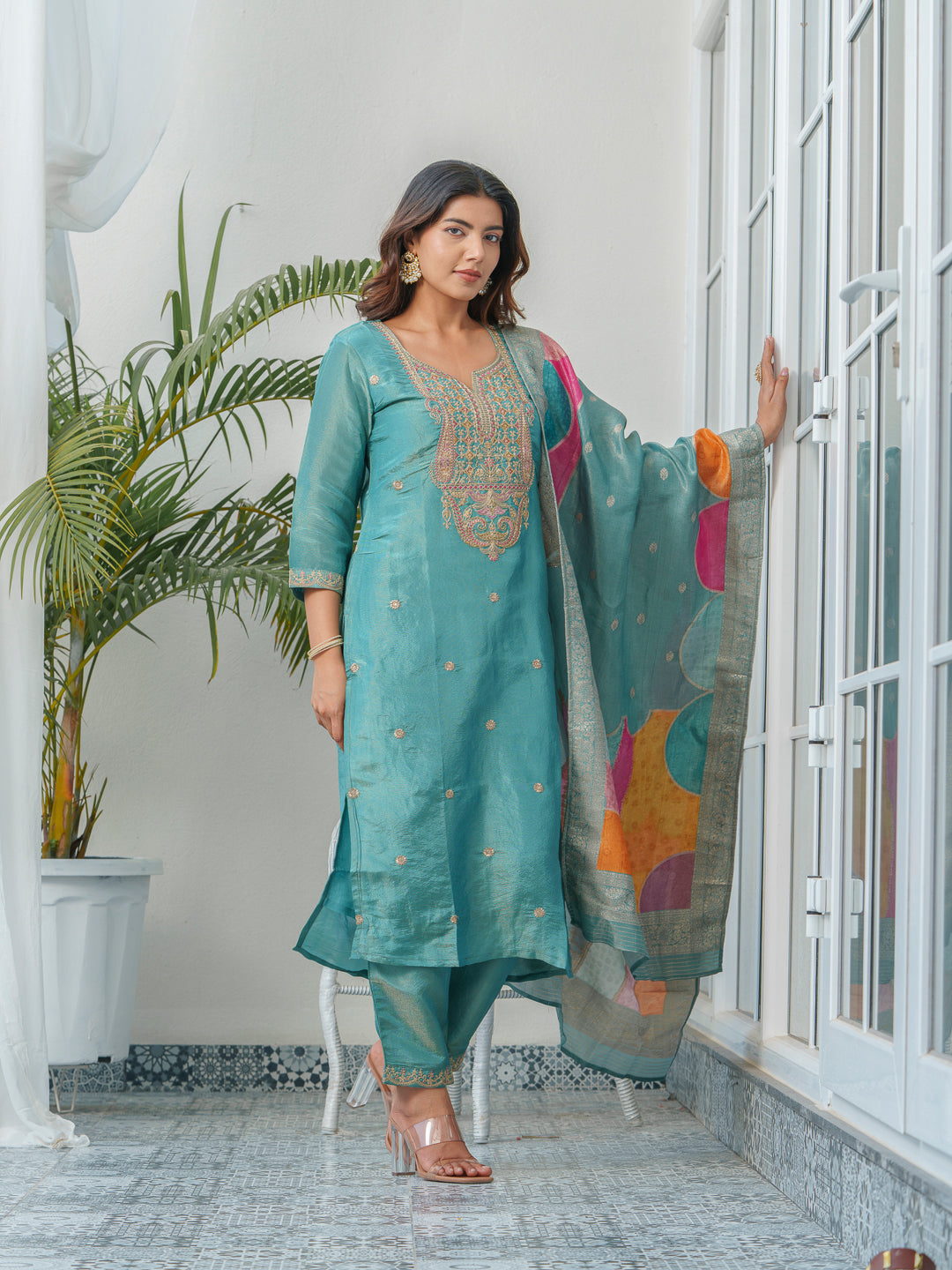 Embroidered Kurta & Trousers With Dupatta