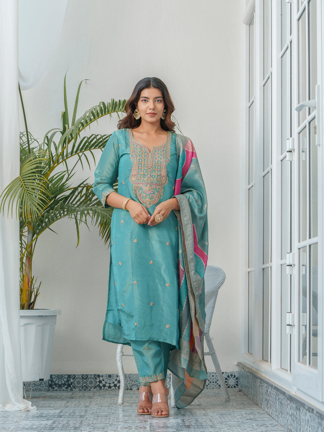 Embroidered Kurta & Trousers With Dupatta