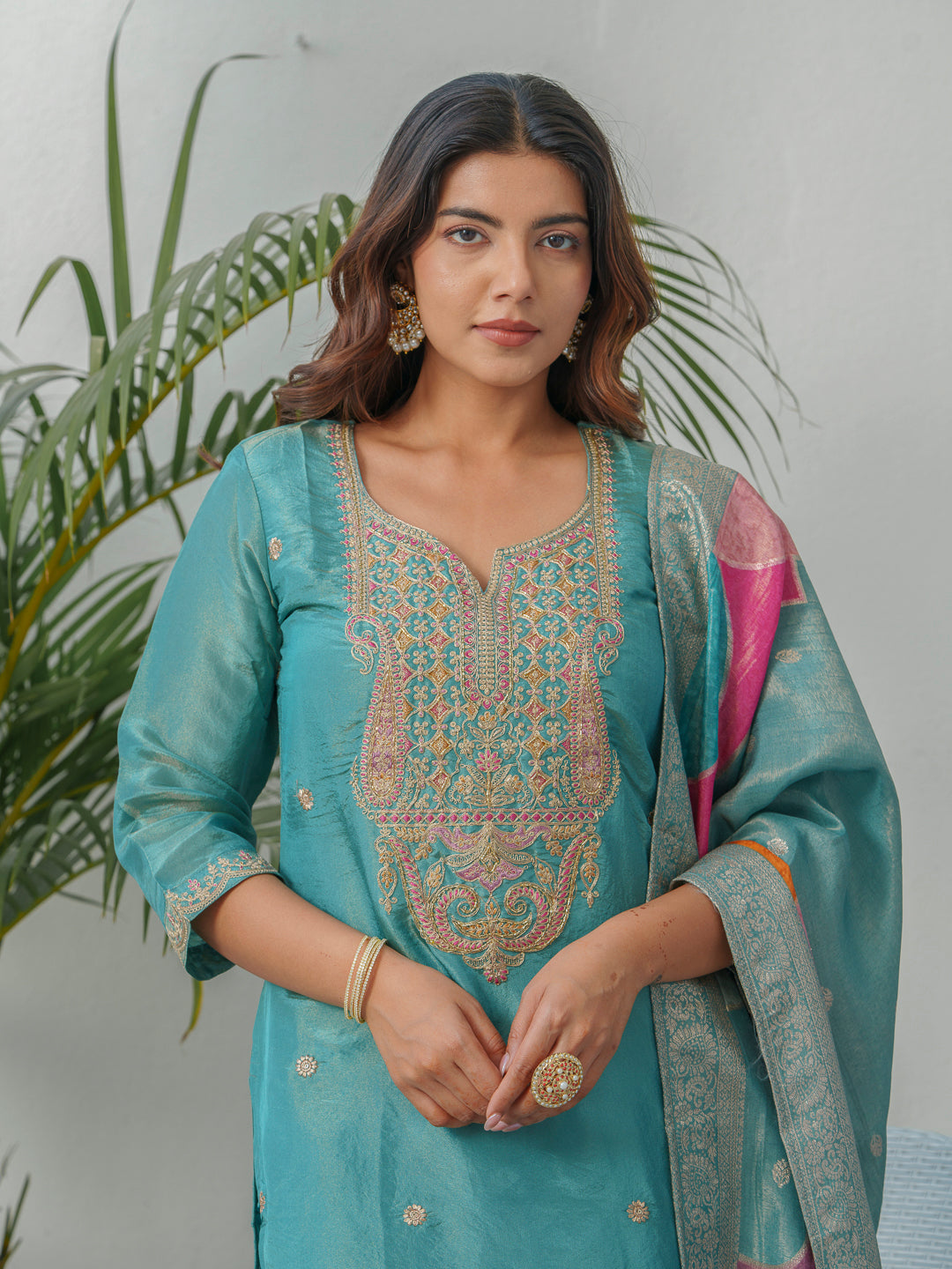 Embroidered Kurta & Trousers With Dupatta