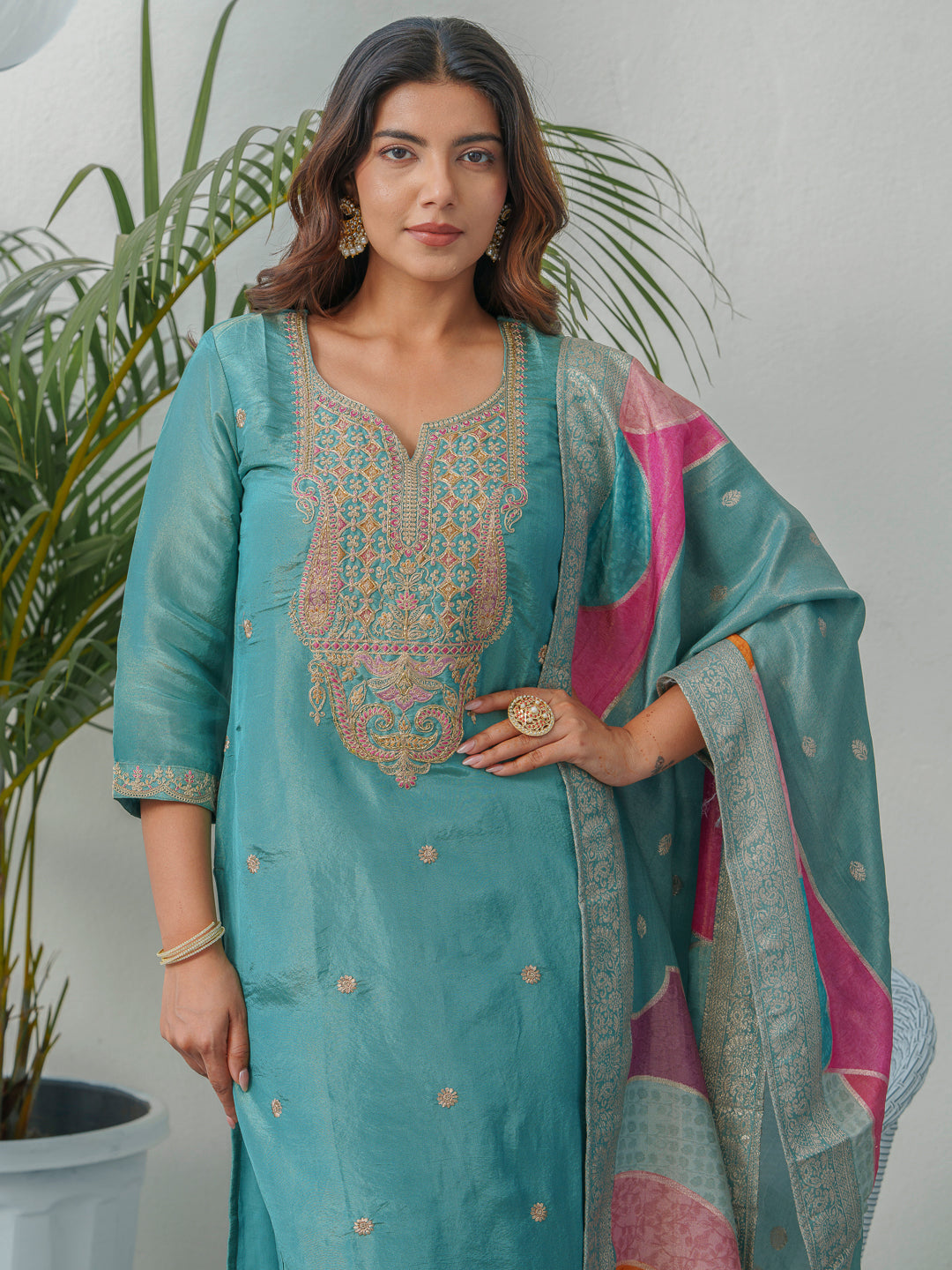Embroidered Kurta & Trousers With Dupatta