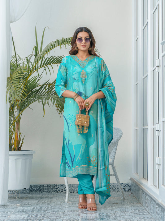 Floral Printed Thread Work Art Silk A-Line Kurta With Trouser & Dupatta