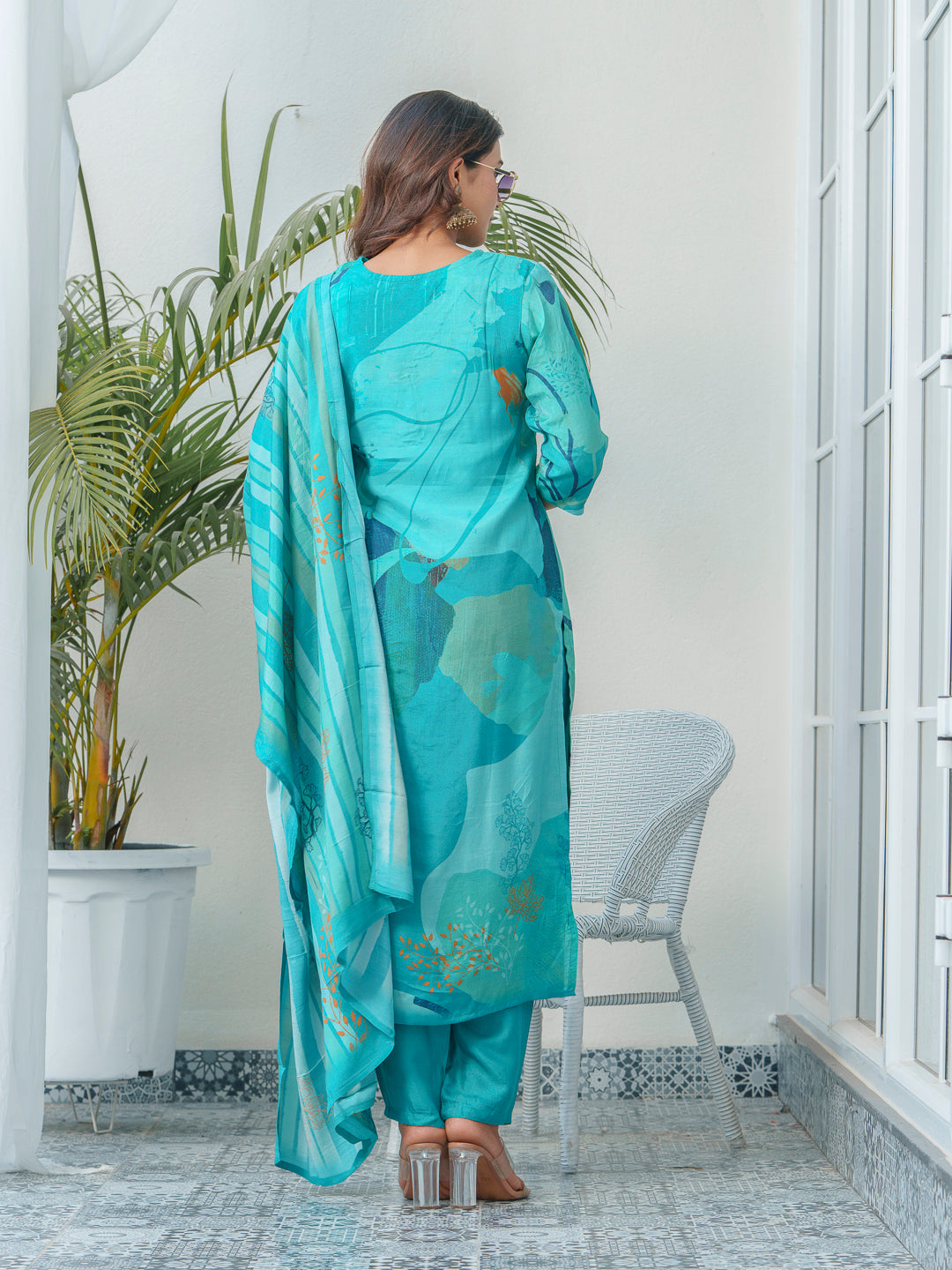 Floral Printed Thread Work Art Silk A-Line Kurta With Trouser & Dupatta
