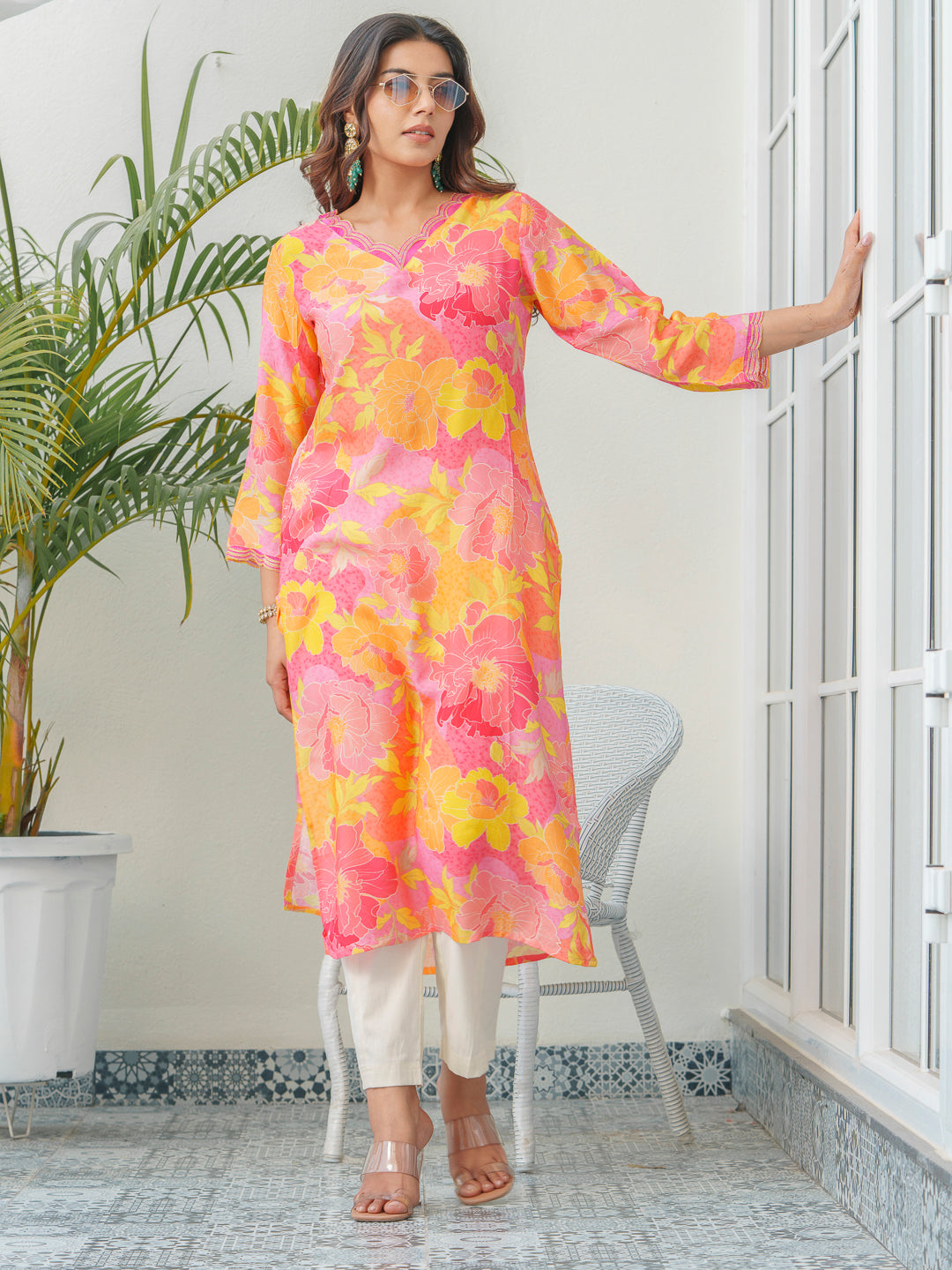 Floral Printed V Neck Muslin Straight Kurta