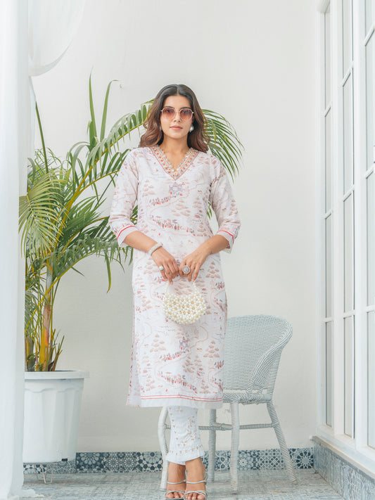 Abstract Printed V Neck Thread Work Linen Straight Kurta