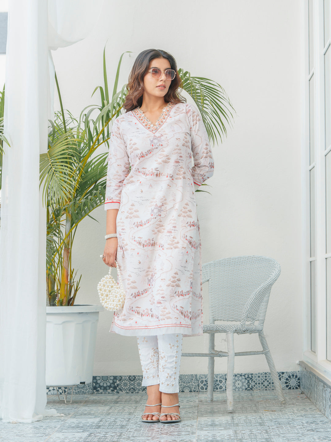 Abstract Printed V Neck Thread Work Linen Straight Kurta