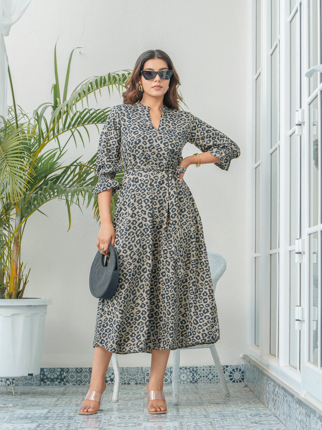 Women Animal Printed Bell Sleeves Dress
