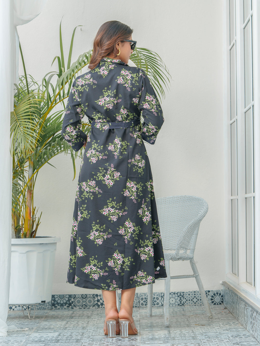 Women Floral Printed A-Line Shirt Collar Midi Dress