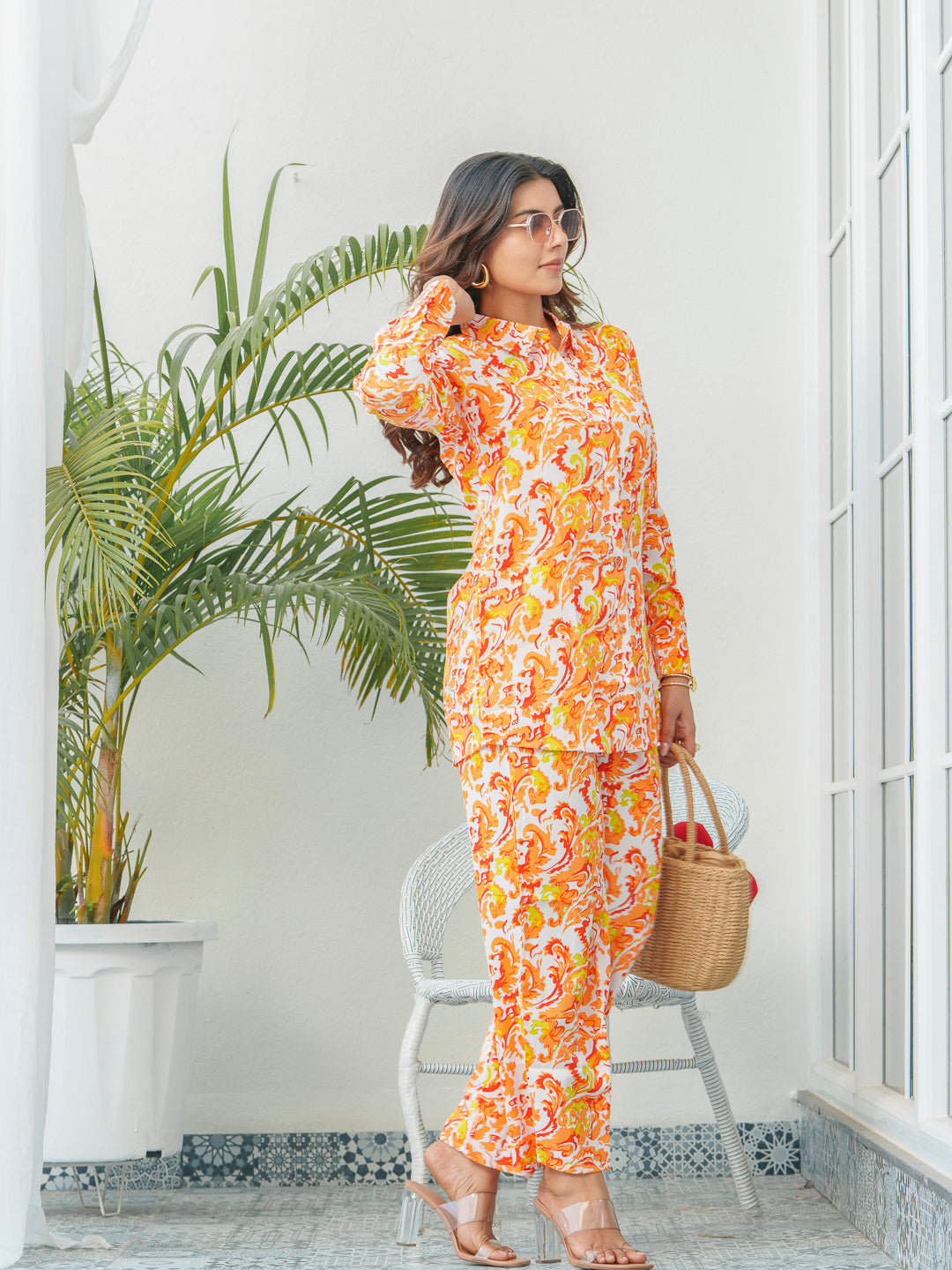 Floral Printed Shirt Collar Shirt & Trousers