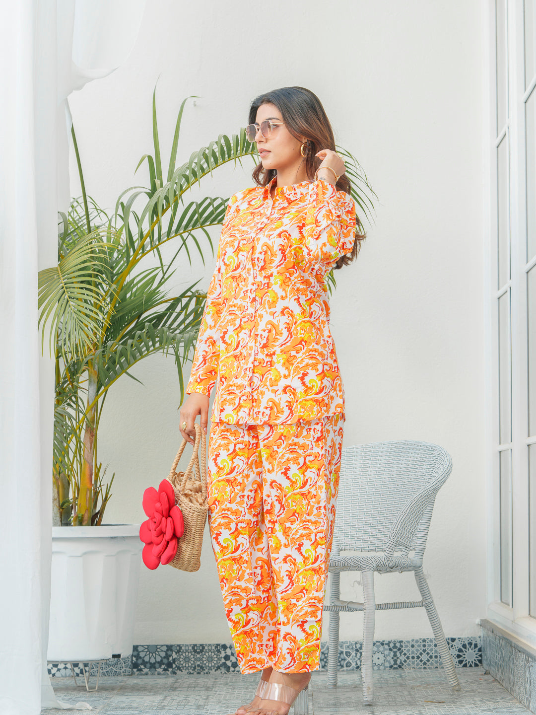 Floral Printed Shirt Collar Shirt & Trousers