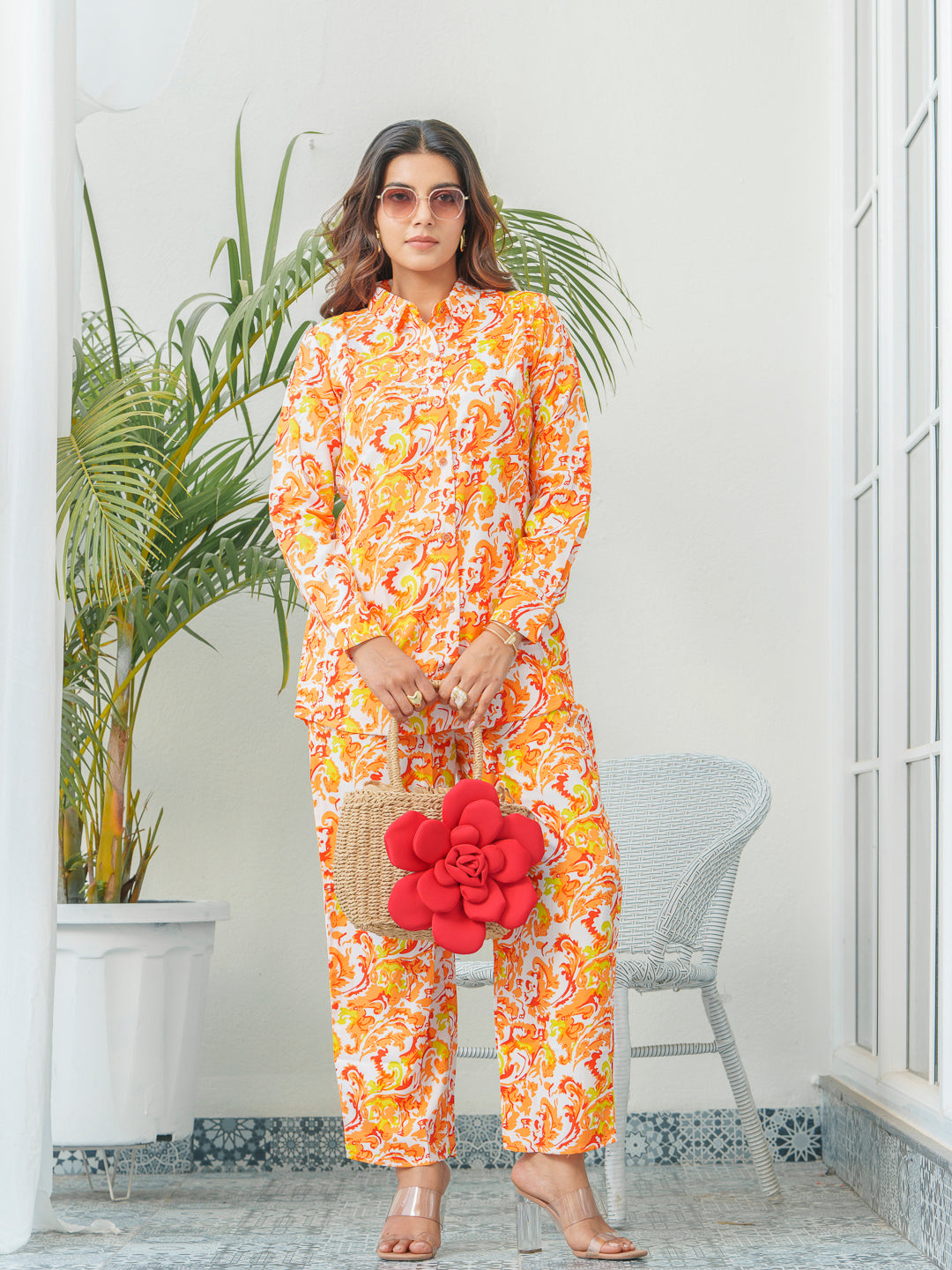 Floral Printed Shirt Collar Shirt & Trousers