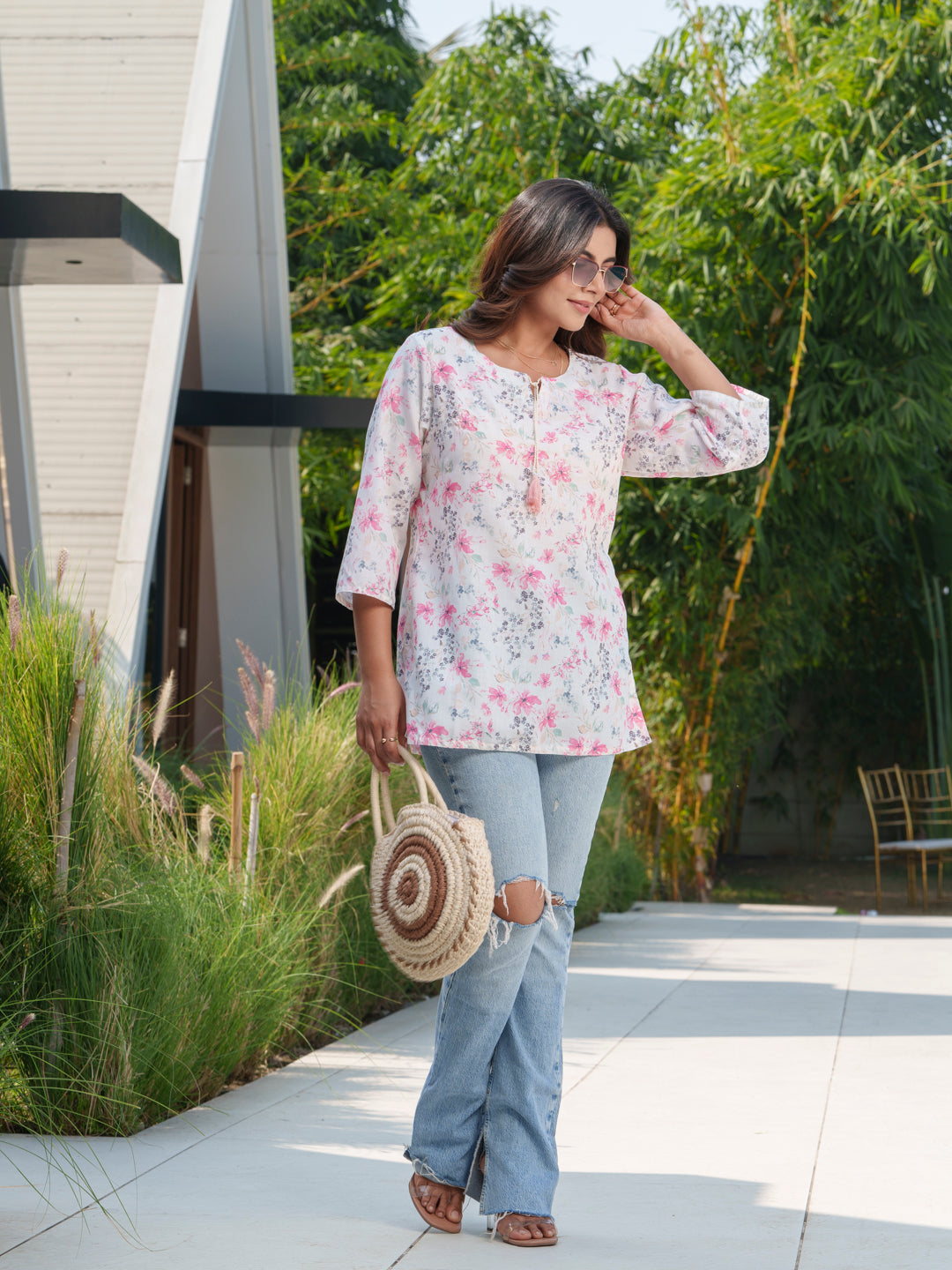 Women Floral Printed Cotton Straight Tunic
