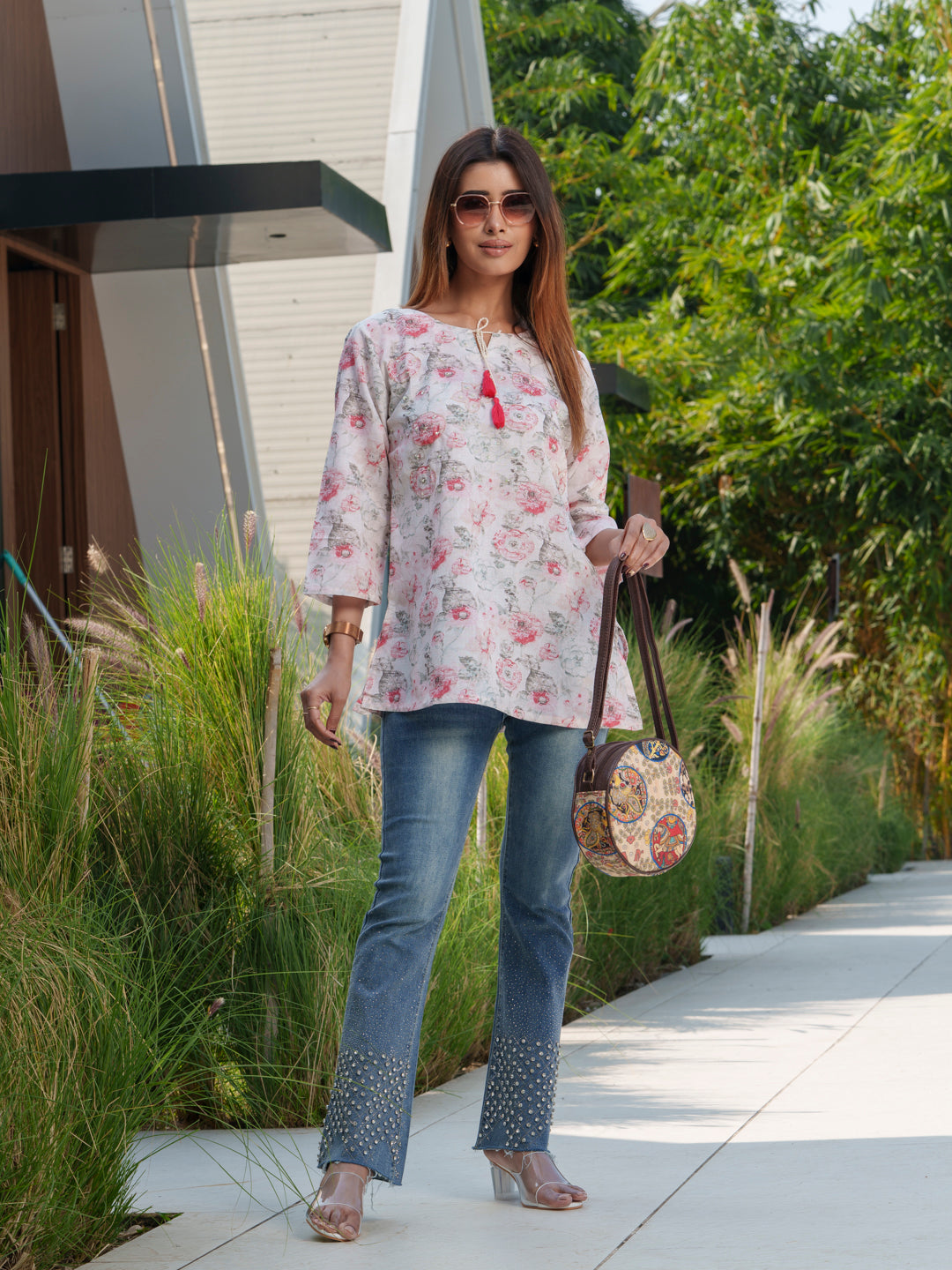 Women Floral Printed Boat Neck Pure Cotton Tunics