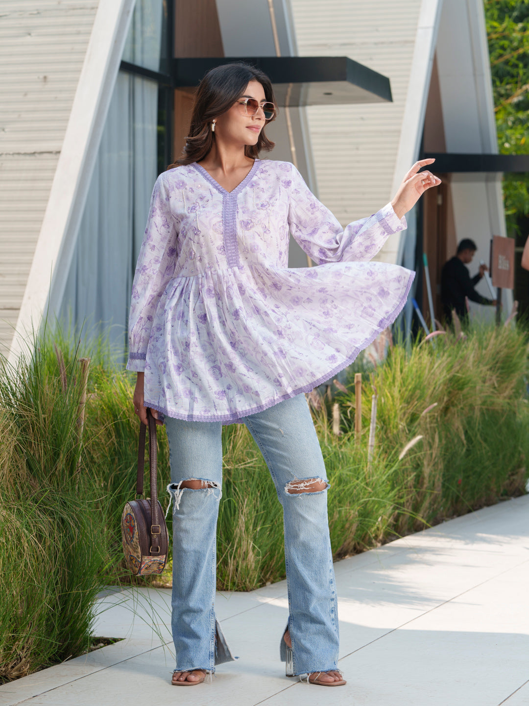 Women V-neck Floral Printed Pure Cotton Tunics