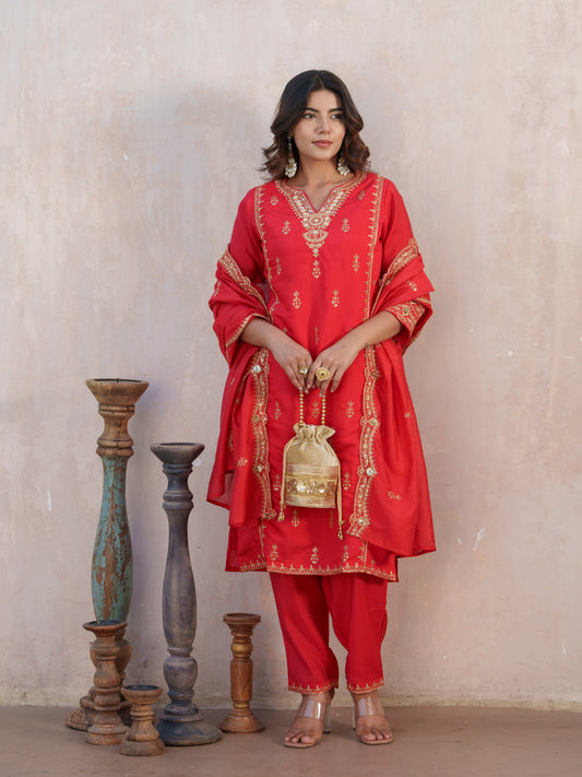 Floral Embroidered Notch Neck Straight Kurta With Trouser & Dupatta