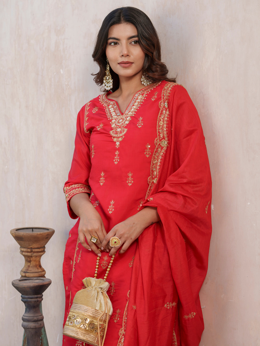 Floral Embroidered Notch Neck Straight Kurta With Trouser & Dupatta