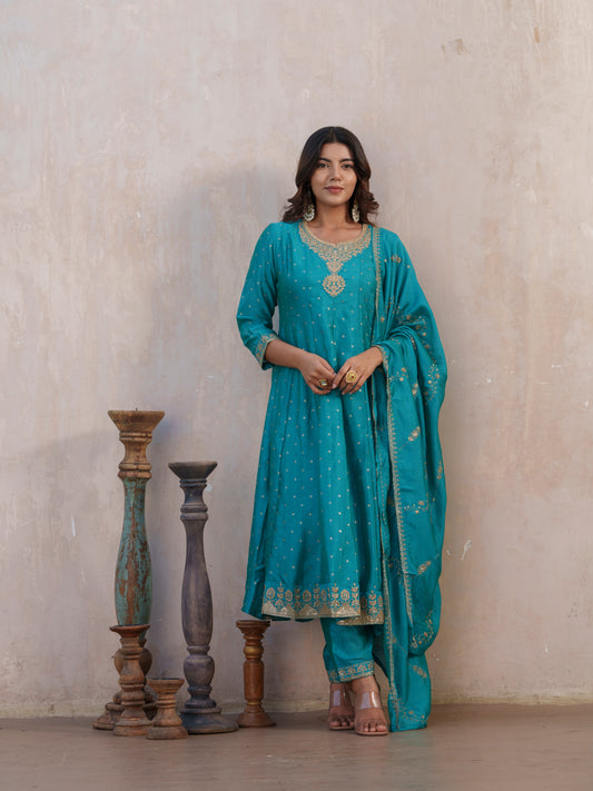 Bandhani Printed Panelled Anarkali Kurta With Trouser & Dupatta
