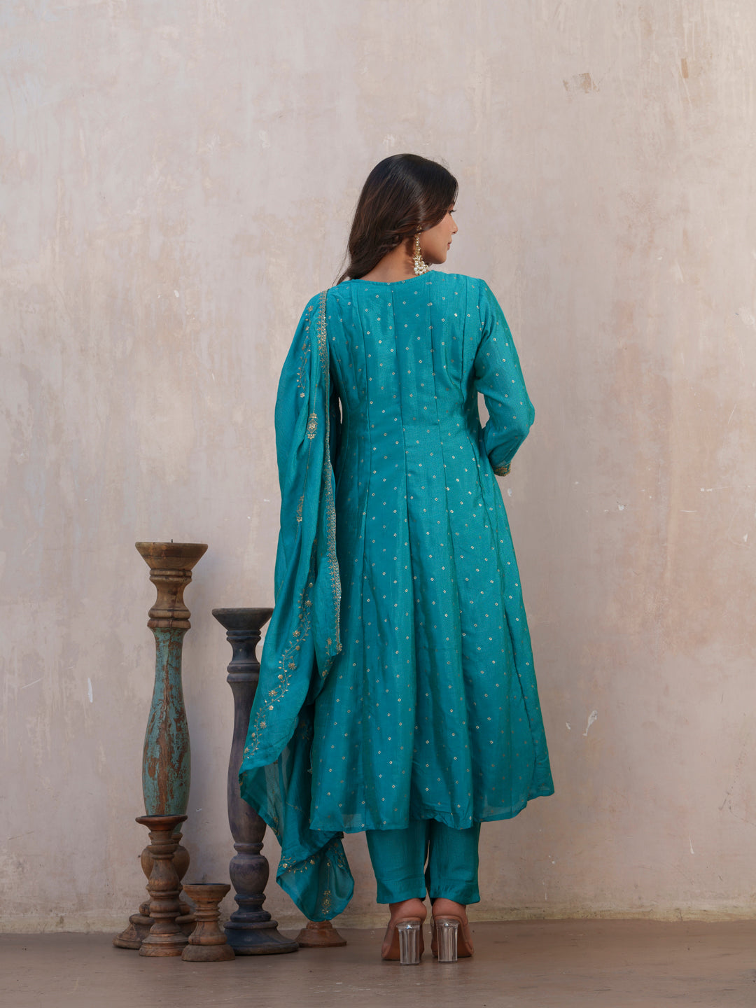 Bandhani Printed Panelled Anarkali Kurta With Trouser & Dupatta