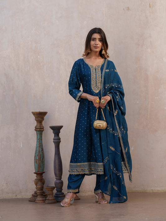 Bandhani Printed Panelled Anarkali Kurta With Trouser & Dupatta