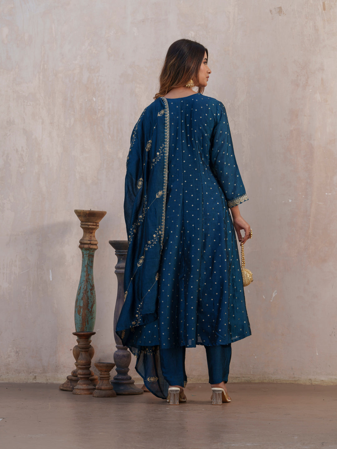 Bandhani Printed Panelled Anarkali Kurta With Trouser & Dupatta