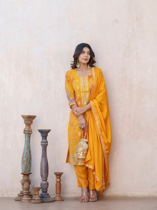 Yellow Floral Printed Straight Kurta With Trousers And Dupatta
